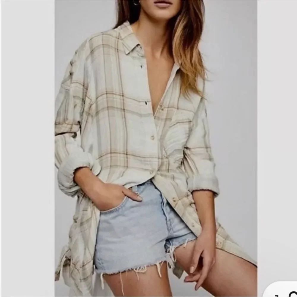 FREE PEOPLE | Nordic Oversized Plaid Button-Up Tunic Shirt Women’s Size Small